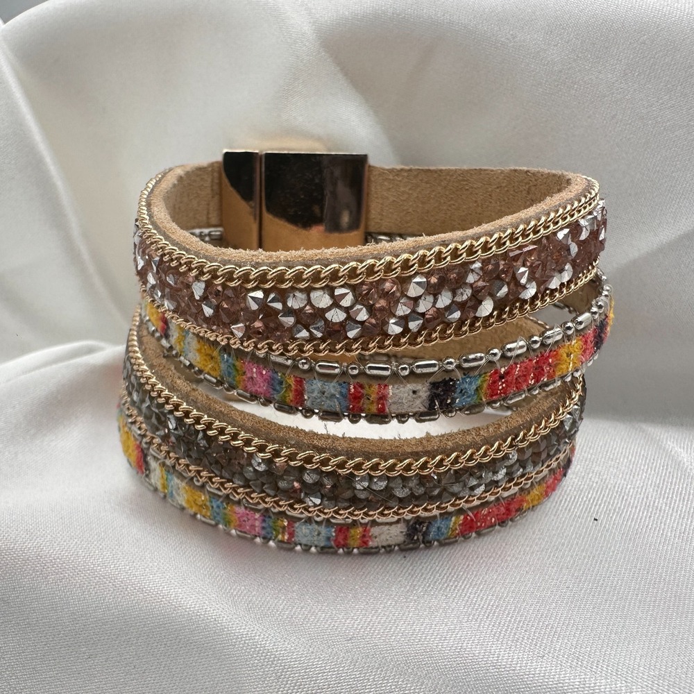 Vintage 90s Multi-Strand Wrap Bracelet Glass Fabric Multi-Color Statement